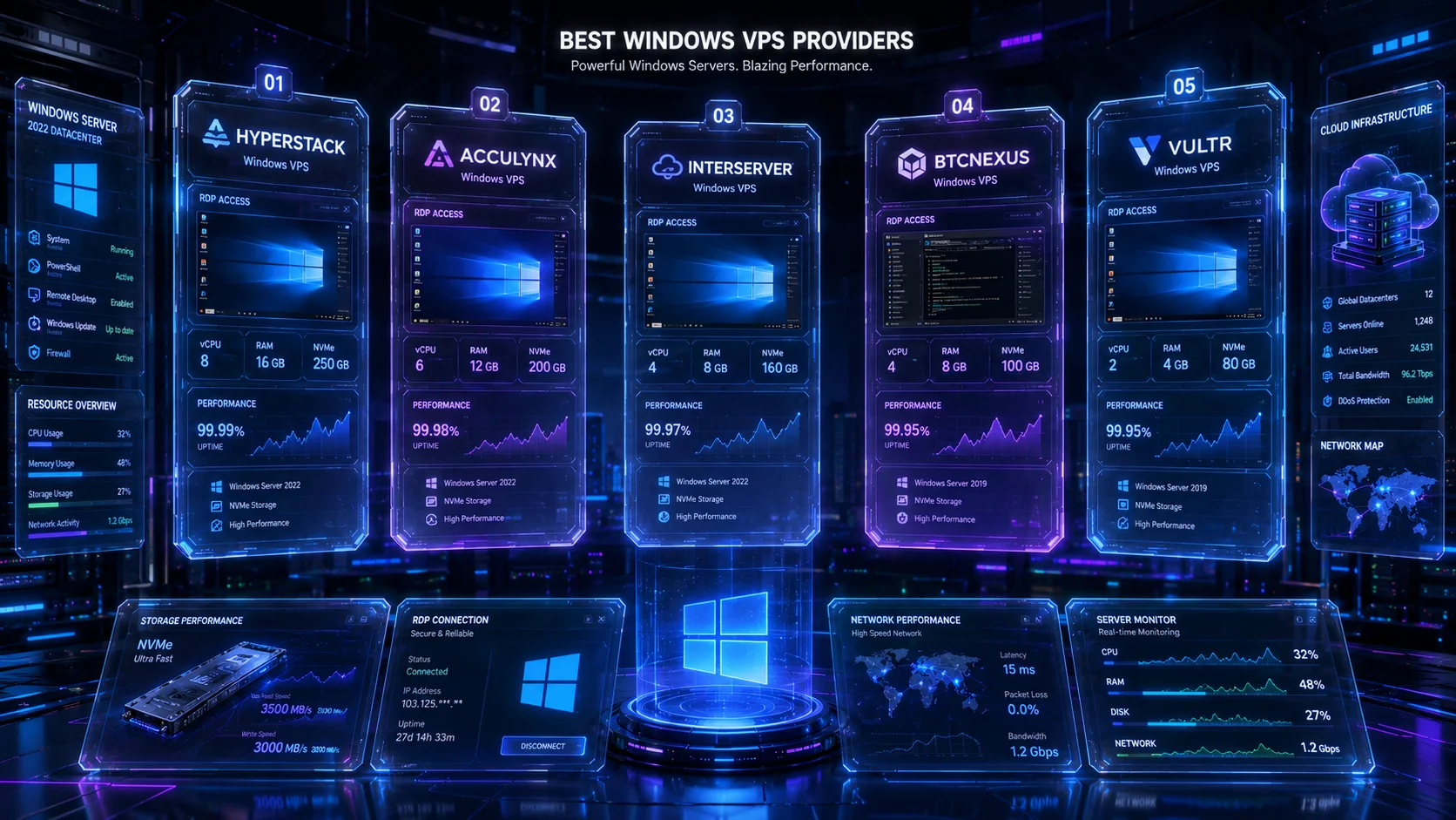Best Windows VPS providers for 2026 compared with cloud server performance dashboards.