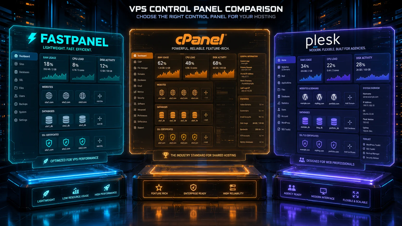 FASTPANEL vs cPanel vs Plesk VPS control panel resource efficiency comparison for 2026.