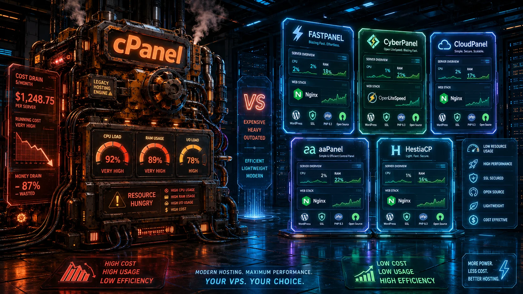 Free cPanel alternatives for 2026 compared in a futuristic VPS performance laboratory.