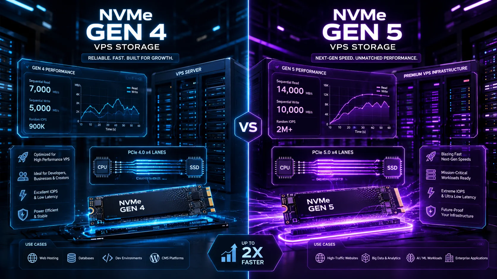 NVMe Gen5 vs Gen4 VPS hosting performance comparison with futuristic server storage dashboards.